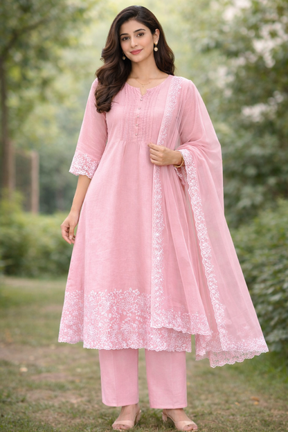 Blush pink Mul Chanderi set