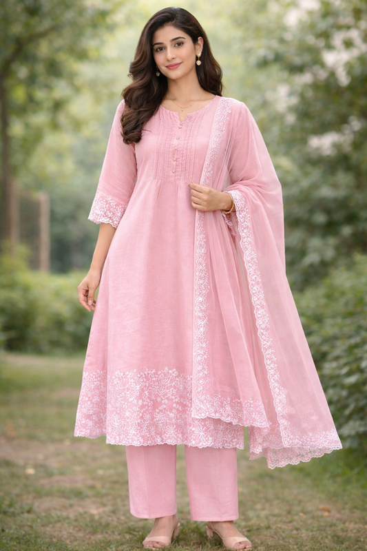 Blush pink Mul Chanderi set