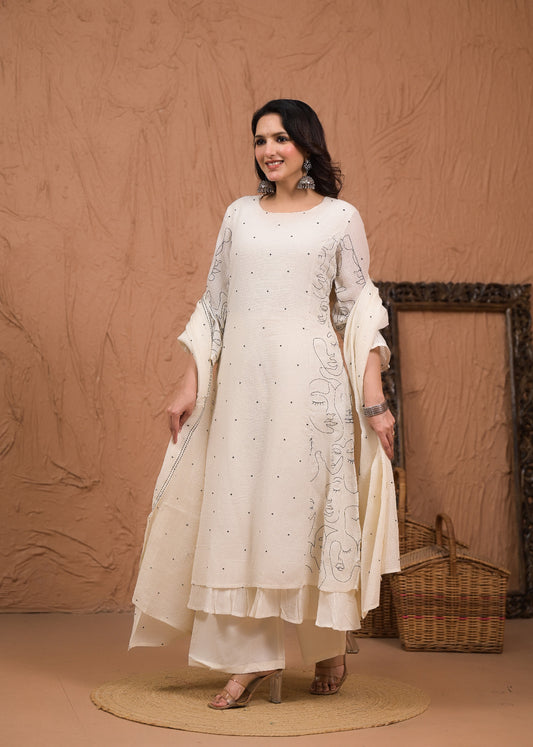 Ivory dori kurta palazzo set with black mask