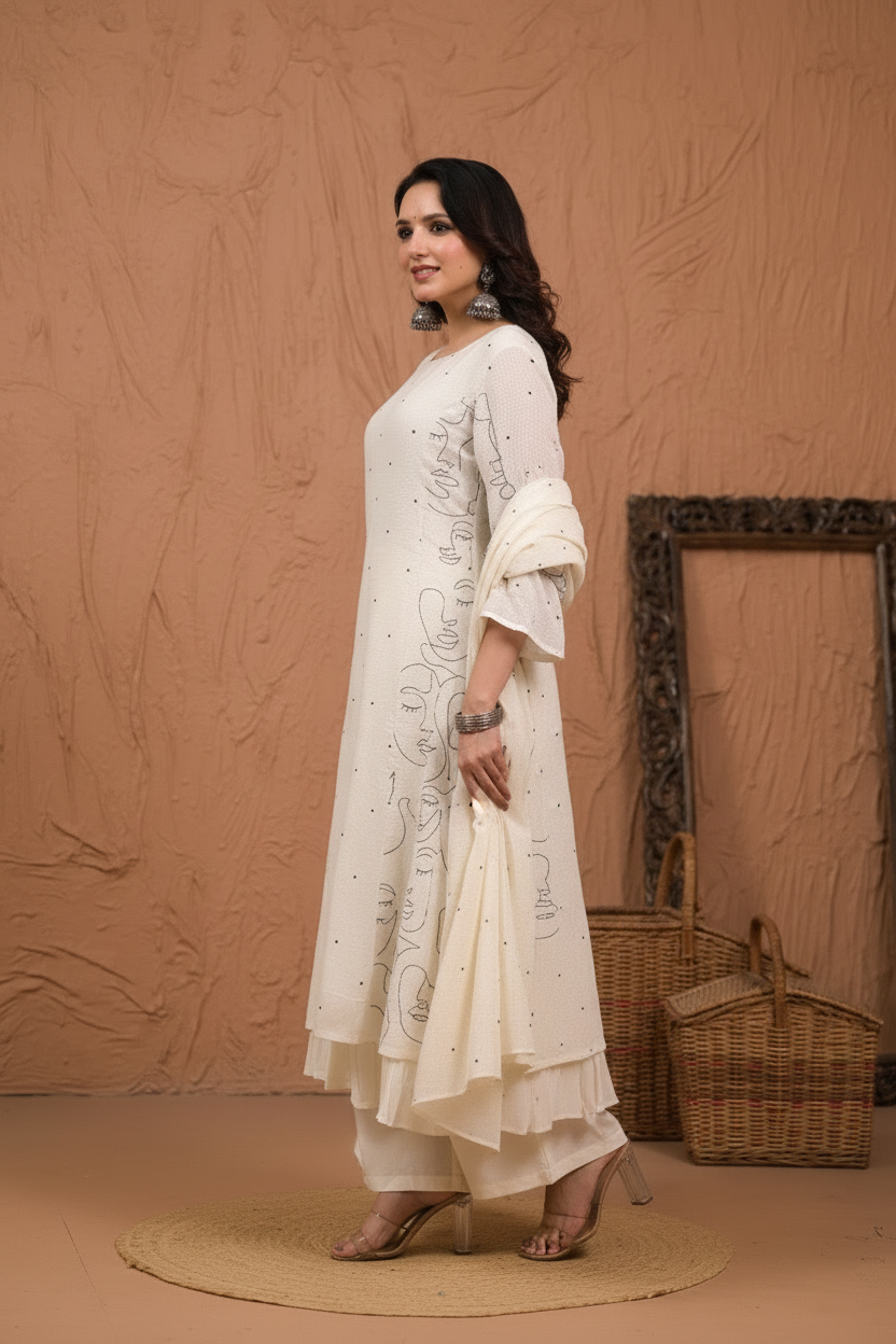 Ivory dori kurta palazzo set with black mask