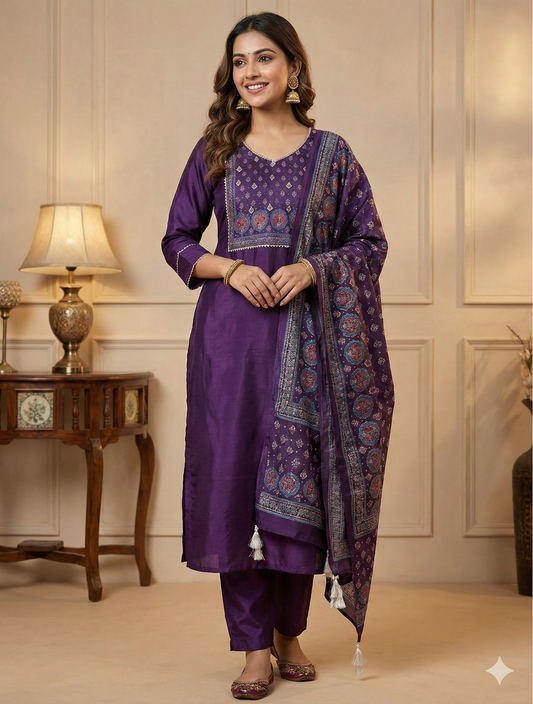 Pure Russian Silk with Pure Gajji Silk Langdi Dupatta Dress (Purple)