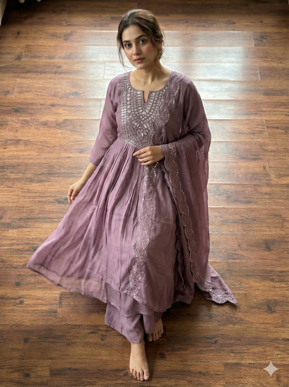 Mauve mirror work Mul Chanderi set