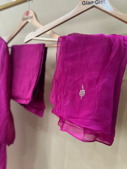 Zari Embroidered Fuchsia Mul Chanderi Set