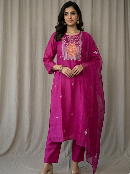 Zari Embroidered Fuchsia Mul Chanderi Set