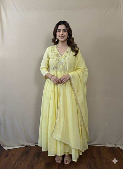 Lime yellow Mul Chanderi set