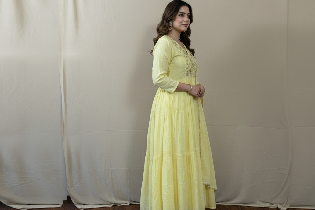 Lime yellow Mul Chanderi set
