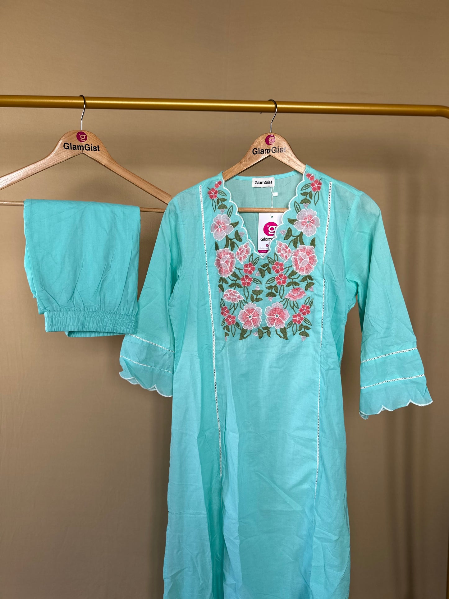 Aqua blue V-neck with scalloped finishing Kurti pant set