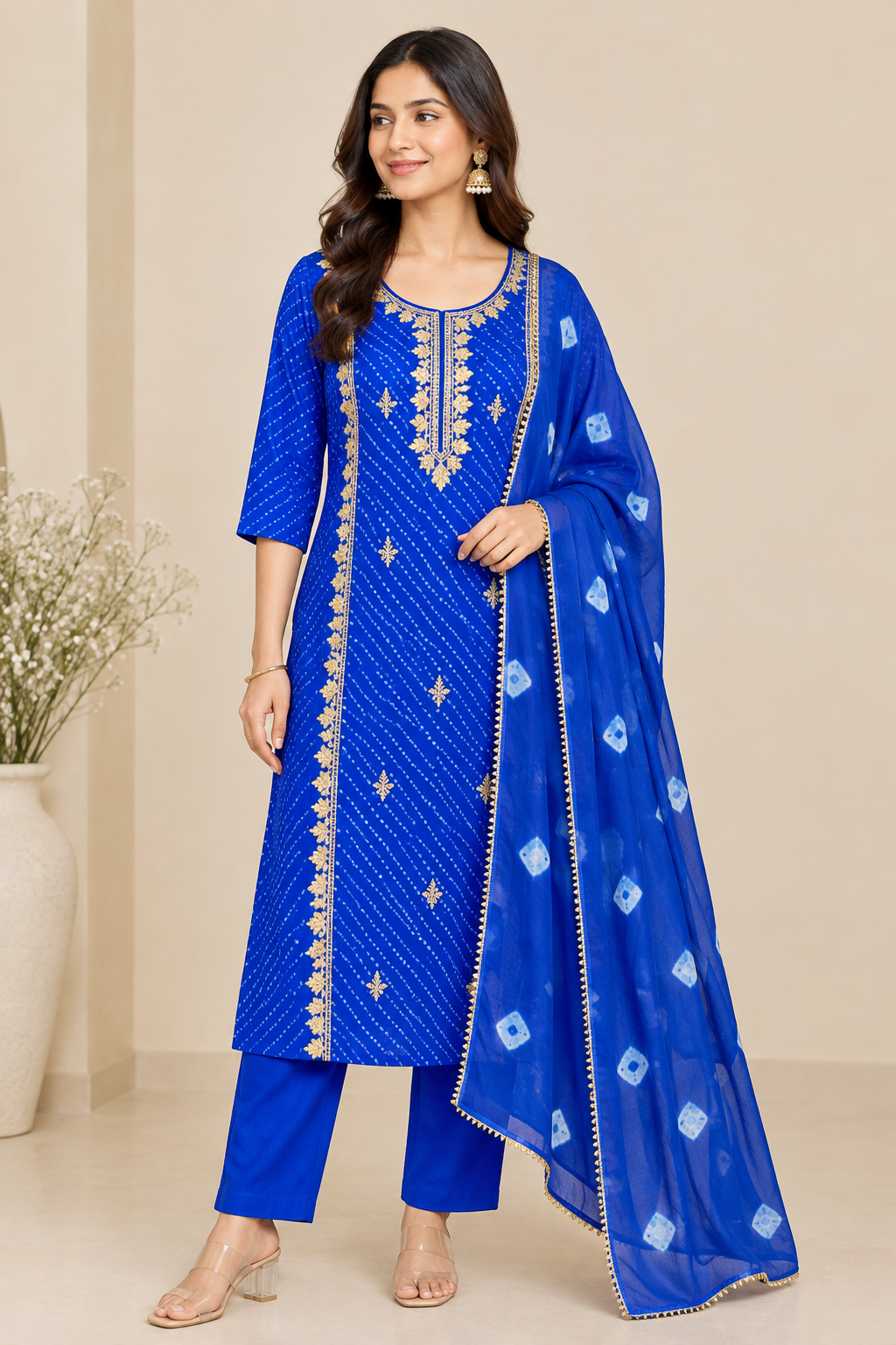 Royal Blue Bandhani Print Embroidered Kurta Set with Dupatta