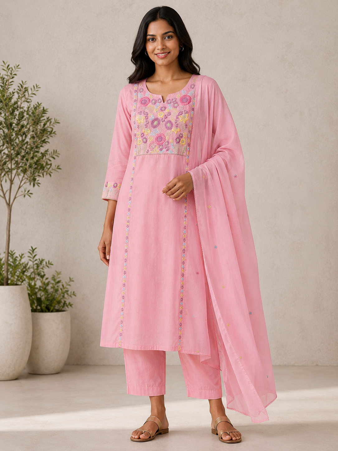 Pastel Blush Pink Embroidered Cotton Kurta Set