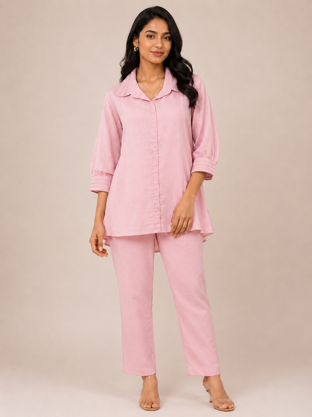 Blush Pink Mul Chanderi Co-ord Set with Scalloped Collar & Pintuck Cuffs