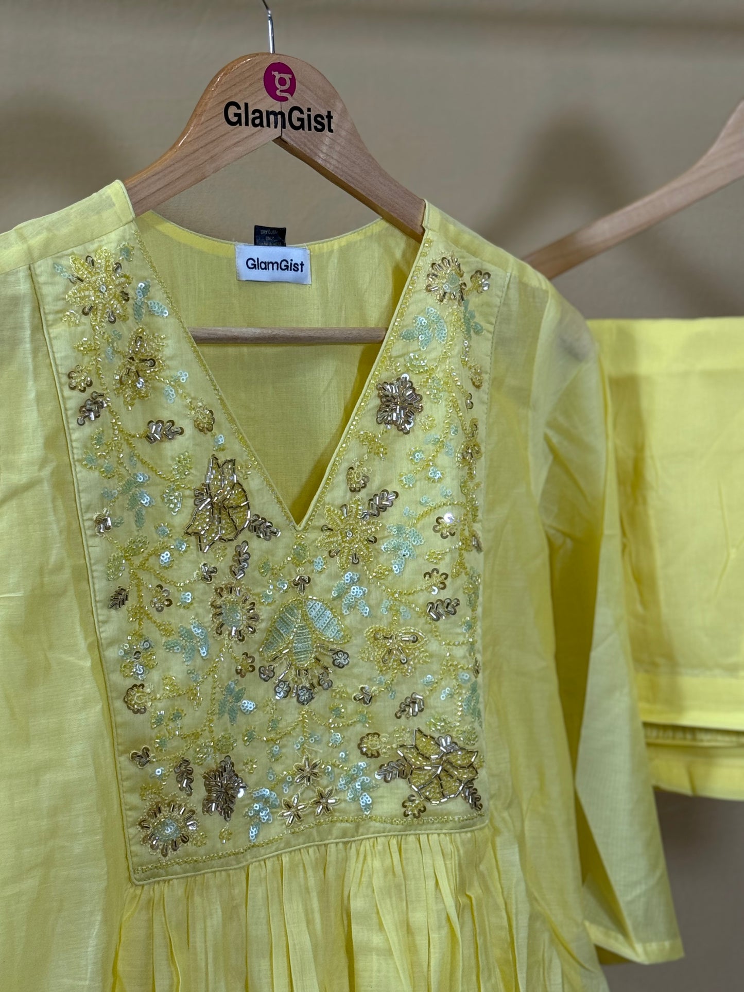 Lime yellow Mul Chanderi set