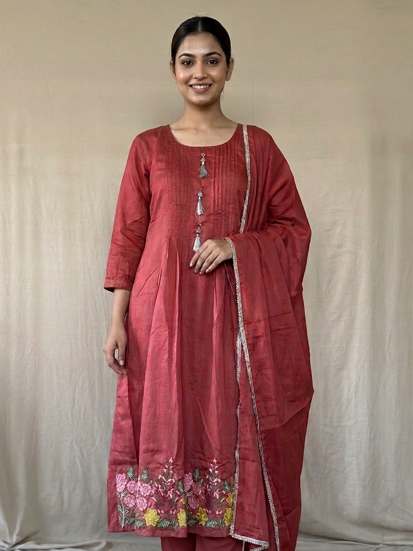 Deep rosewood Mul Chanderi set