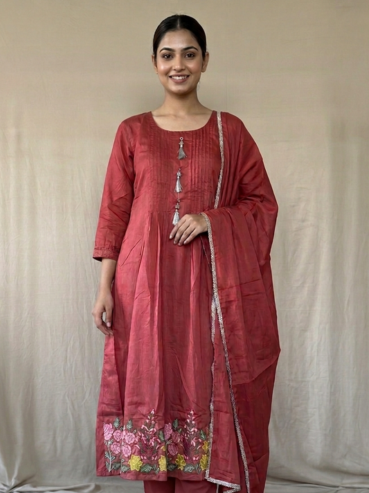 Deep rosewood Mul Chanderi set