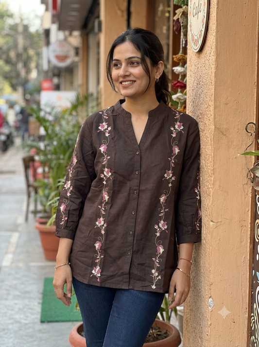 Espresso Brown Floral Embroidered Cotton Tunic Shirt