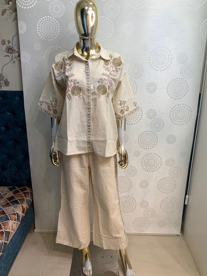 Floral Embroidered Linen Co-ord Set in Ivory