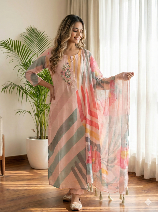 Peach Soft Butter Abstract Peach Print Muslin Silk Handwork Dupatta Dress