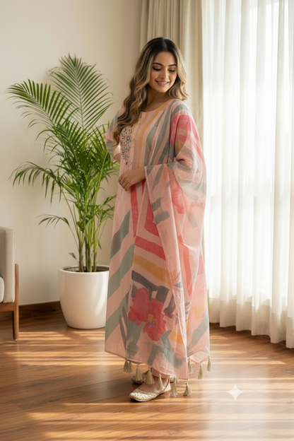 Peach Soft Butter Abstract Peach Print Muslin Silk Handwork Dupatta Dress