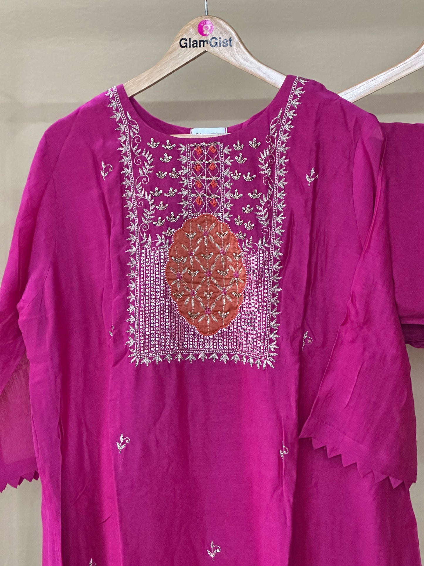 Zari Embroidered Fuchsia Mul Chanderi Set