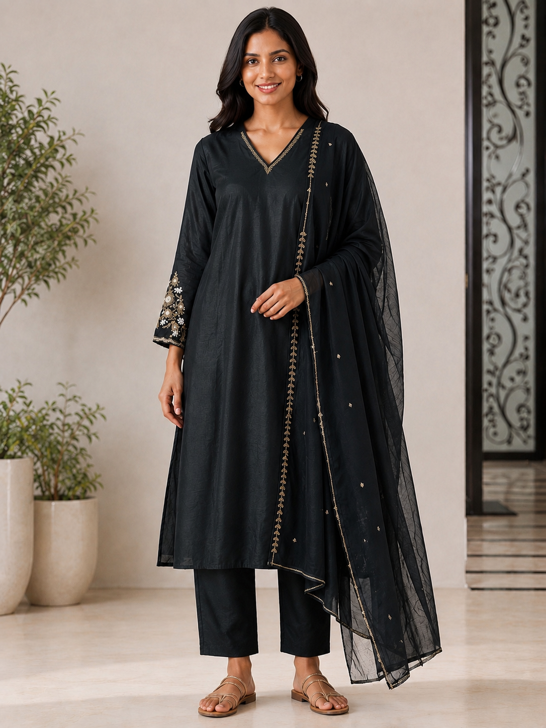 Bottle green Mul Chanderi Embroidered Kurta Set with Sheer Dupatta