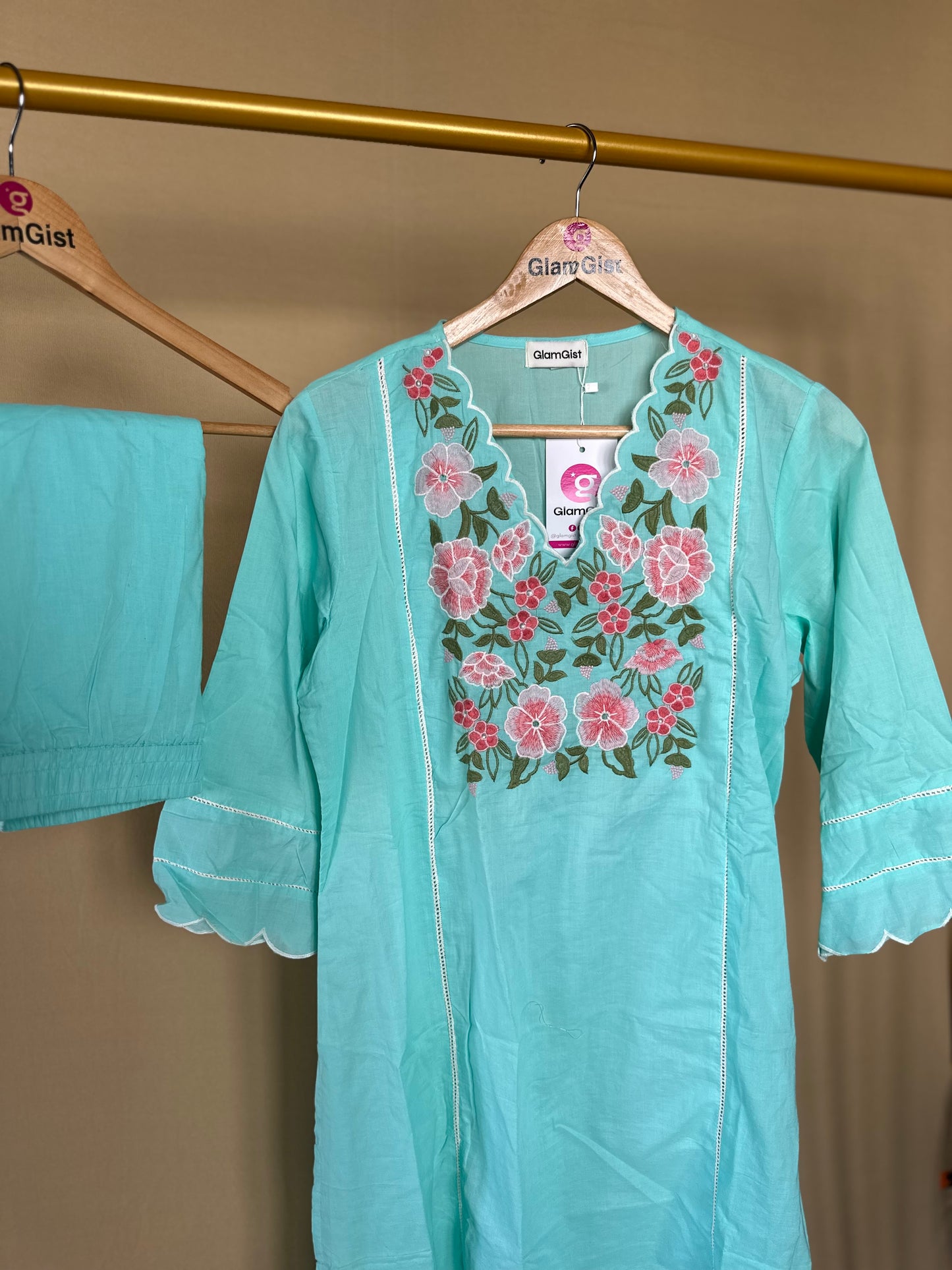 Aqua blue V-neck with scalloped finishing Kurti pant set