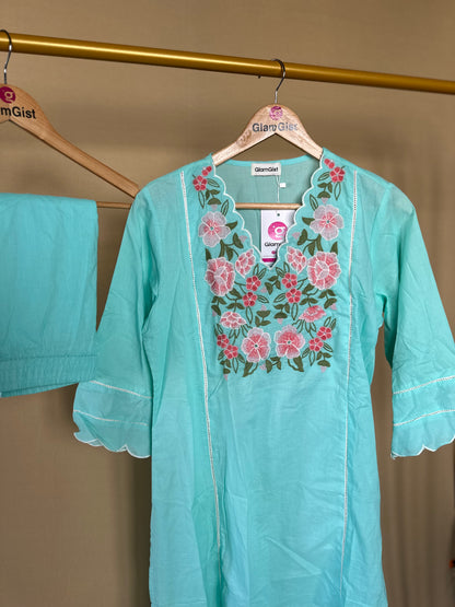 Aqua blue V-neck with scalloped finishing Kurti pant set