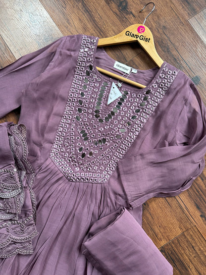 Mauve mirror work Mul Chanderi set