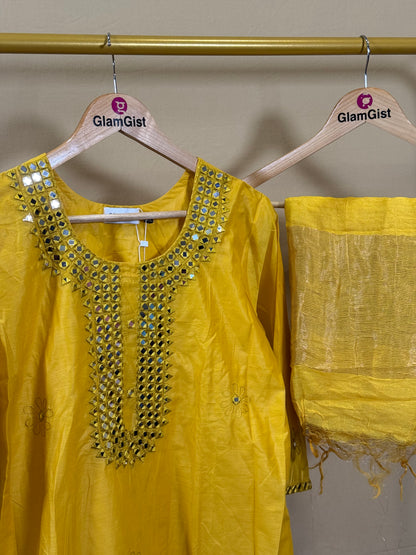 Yellow mirror work Mul Chanderi set