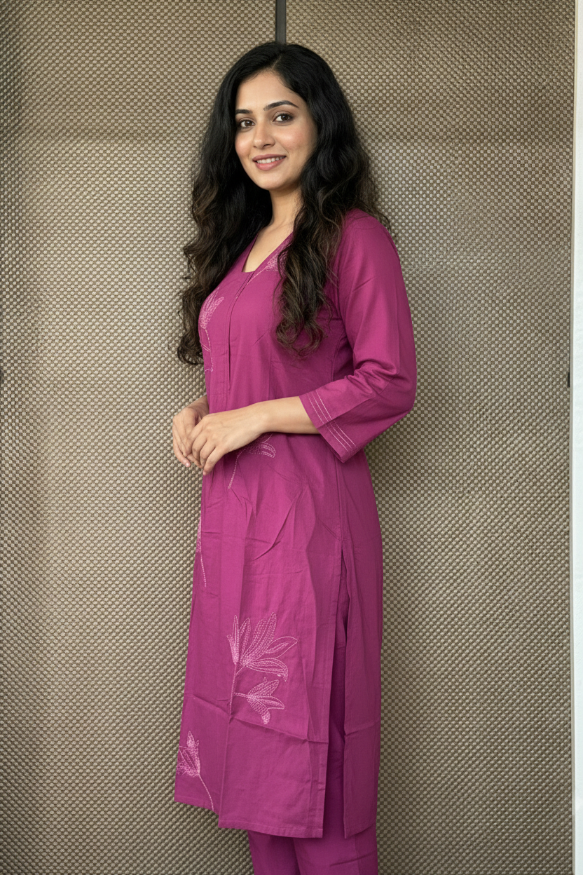 Plum floral embroidered kurta set