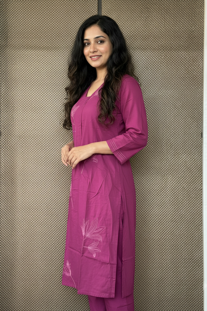 Plum floral embroidered kurta set
