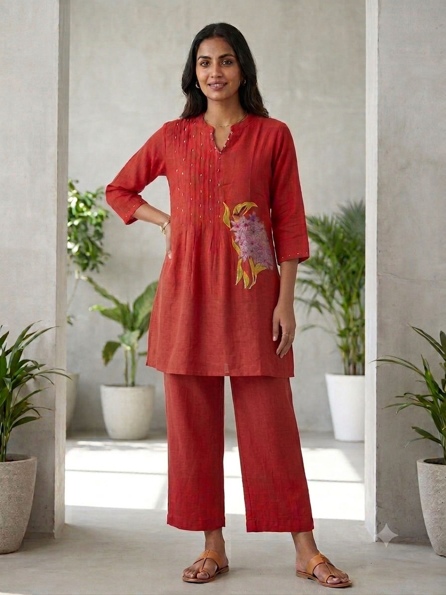 Terracotta Mul Chanderi Coord Set with Pearl Detailing & Floral Appliqué