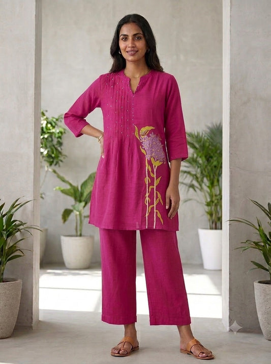 Magenta Handcrafted Mul Chanderi Co-ord Set with Pintucks & Floral Embroidery