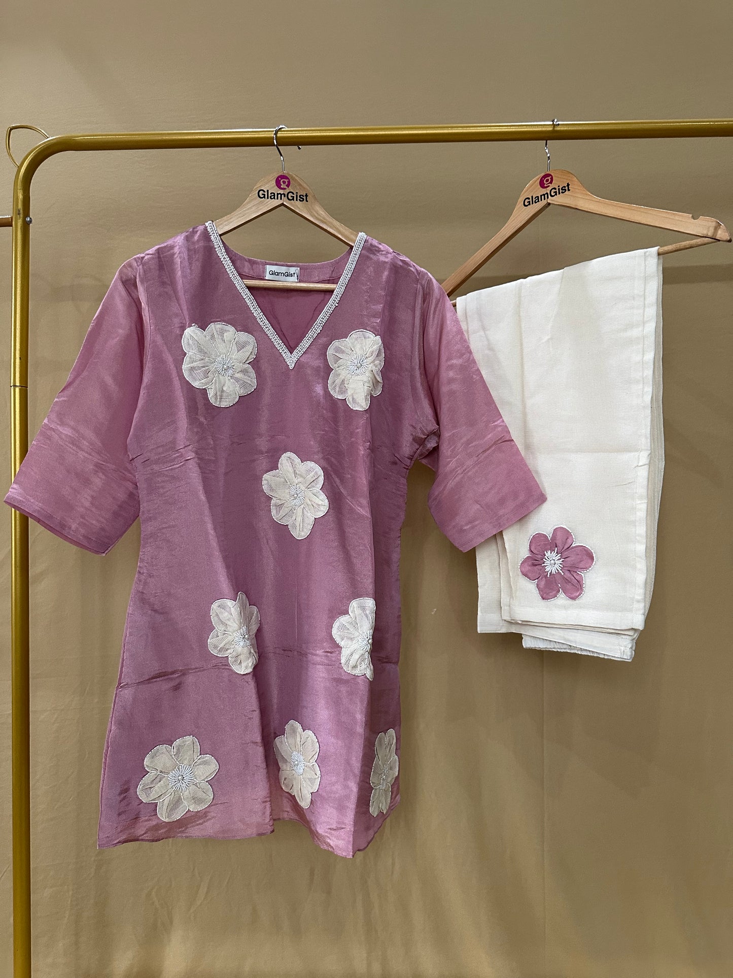 Premium Mauve Floral Hand embroidered coord set