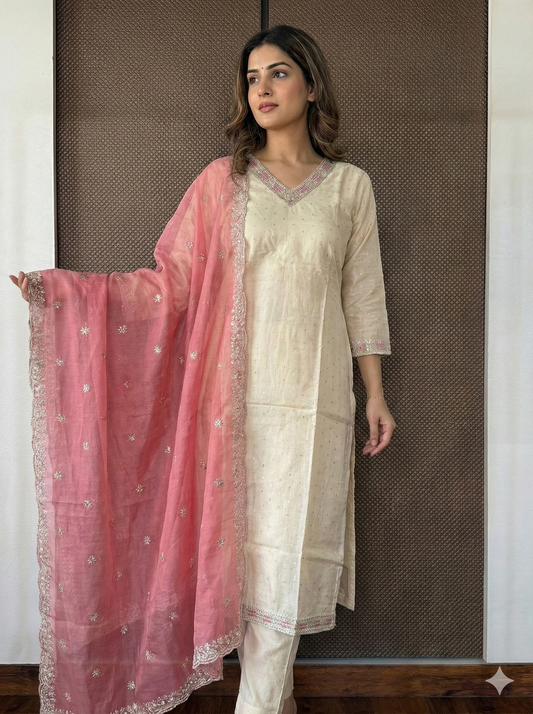 Cream tissue silk with pink dupatta