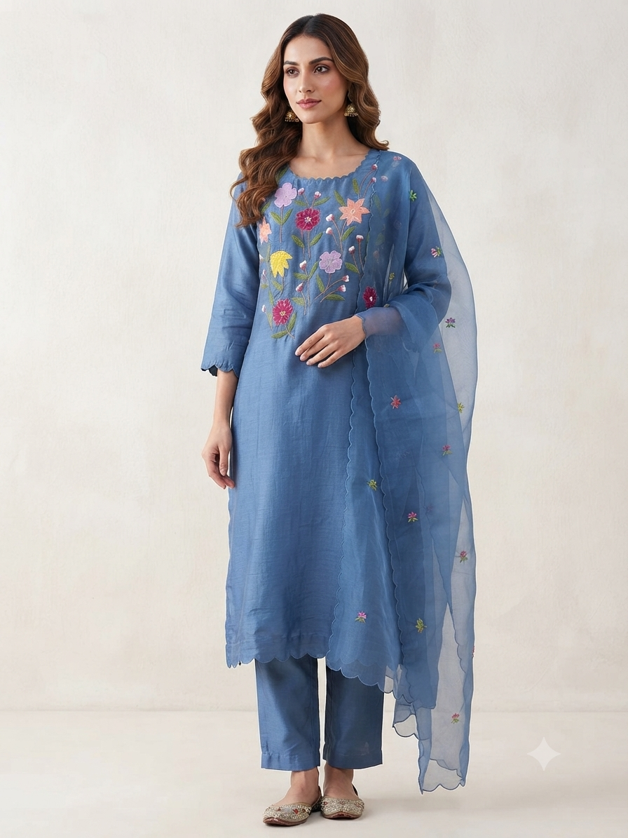 Blue Mul Chanderi set with appliqué work and thread work