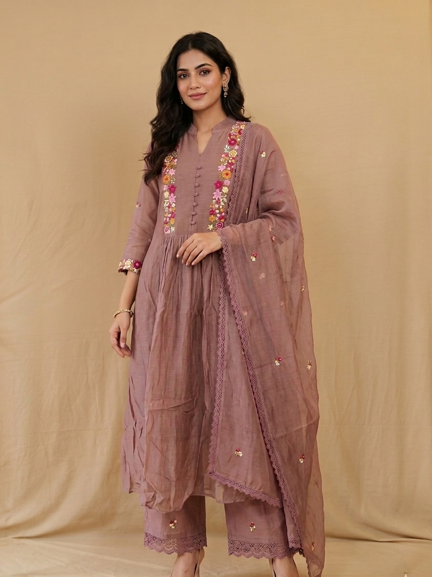 Earthy Mauve Hand-Embroidered Mul Chanderi Suit