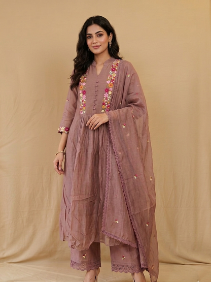 Earthy Mauve Hand-Embroidered Mul Chanderi Suit