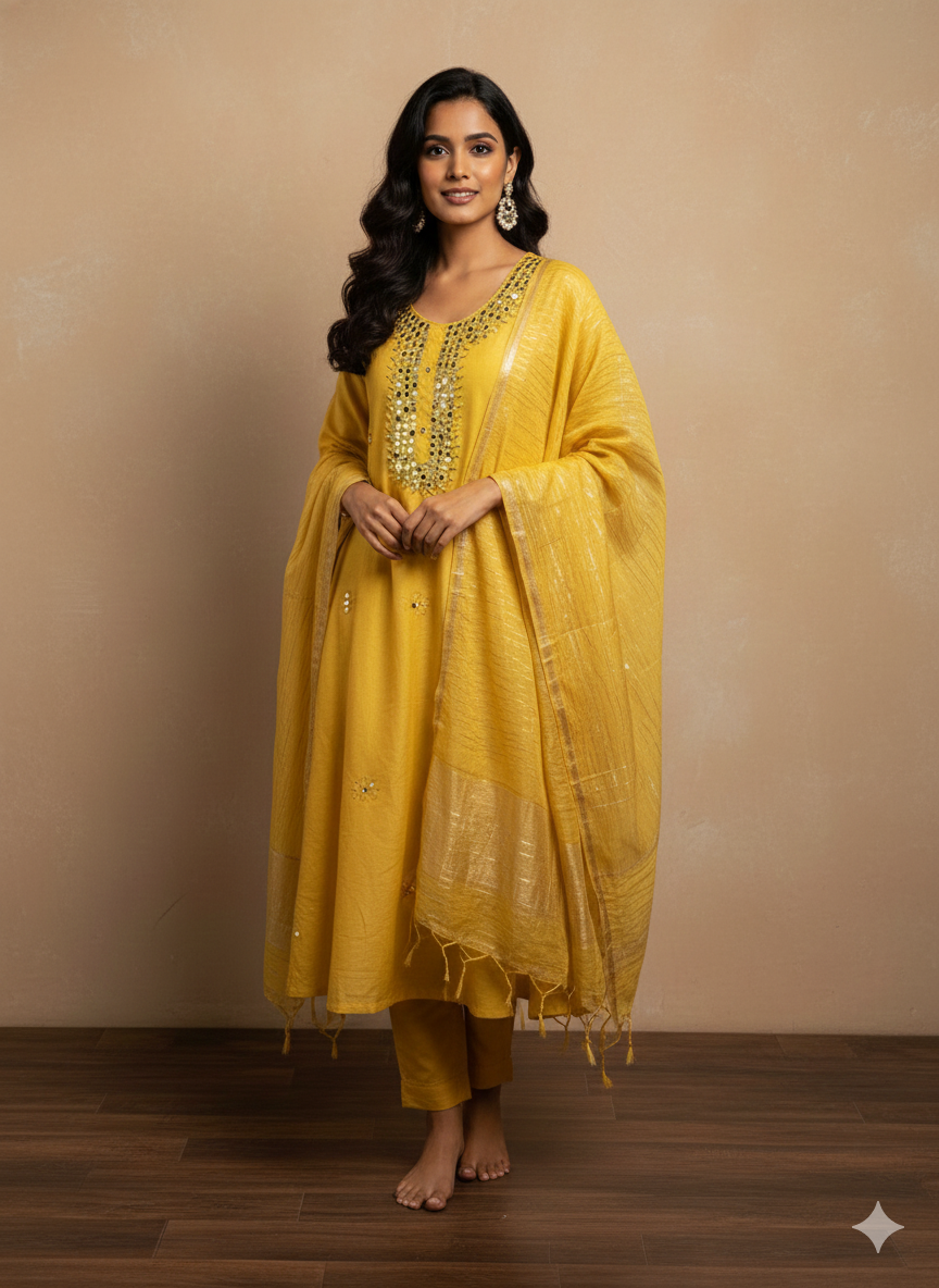Yellow mirror work Mul Chanderi set