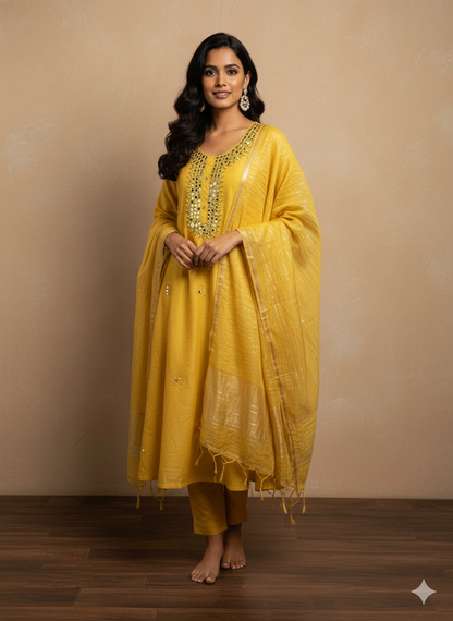 Yellow mirror work Mul Chanderi set