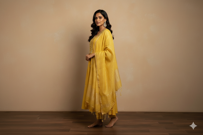 Yellow mirror work Mul Chanderi set