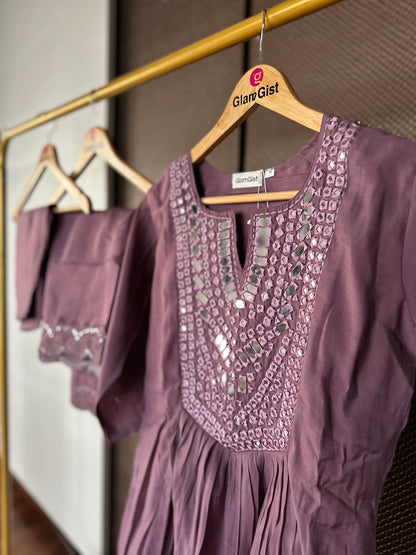 Mauve mirror work Mul Chanderi set