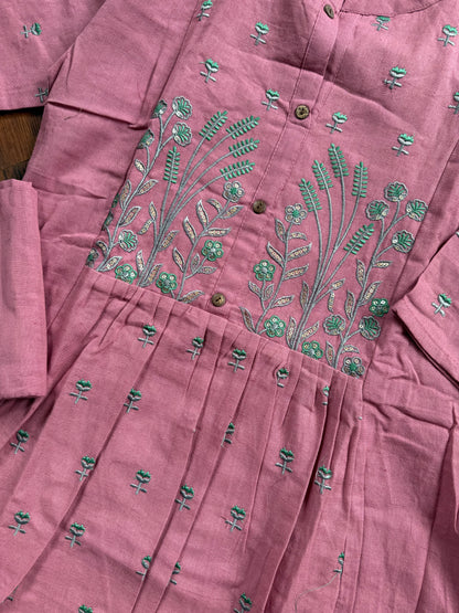 Dusty mauve embroidered Kurti pant set with teal embroidery