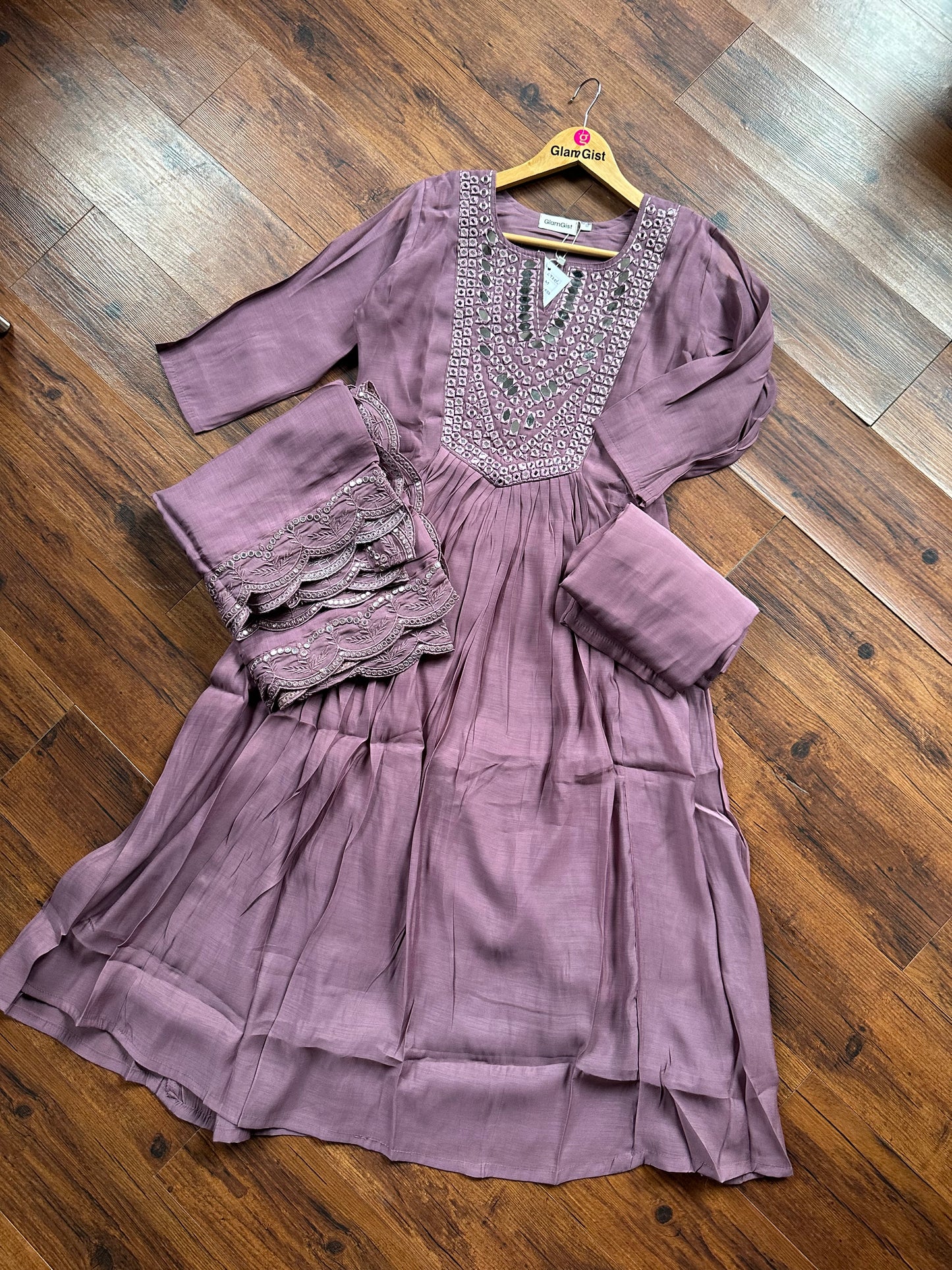 Mauve mirror work Mul Chanderi set