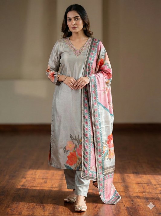 Pure Tissue Silk Handwork Printed Dupatta Dress (Dull Green)