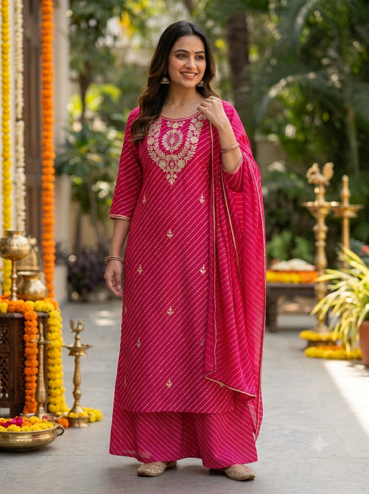 Rani Pink Embroidered Straight Kurta with Leheriya Palazzo & Dupatta Set