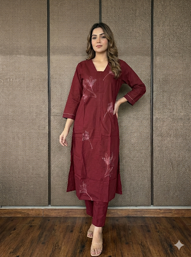 Deep Maroon floral embroidered kurta set