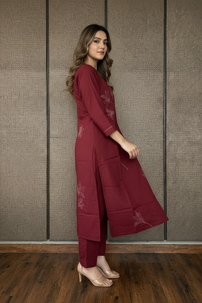 Deep Maroon floral embroidered kurta set