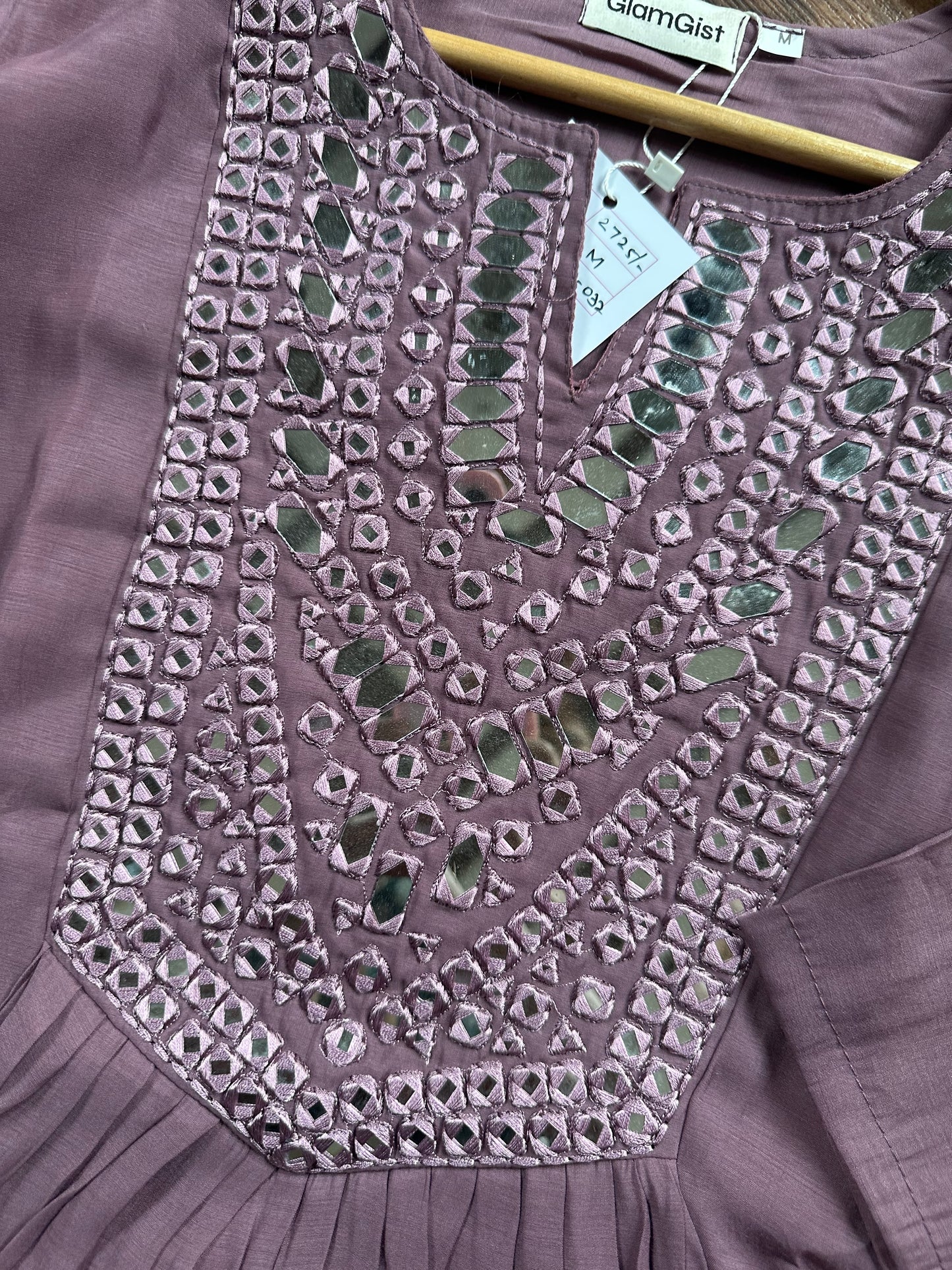 Mauve mirror work Mul Chanderi set