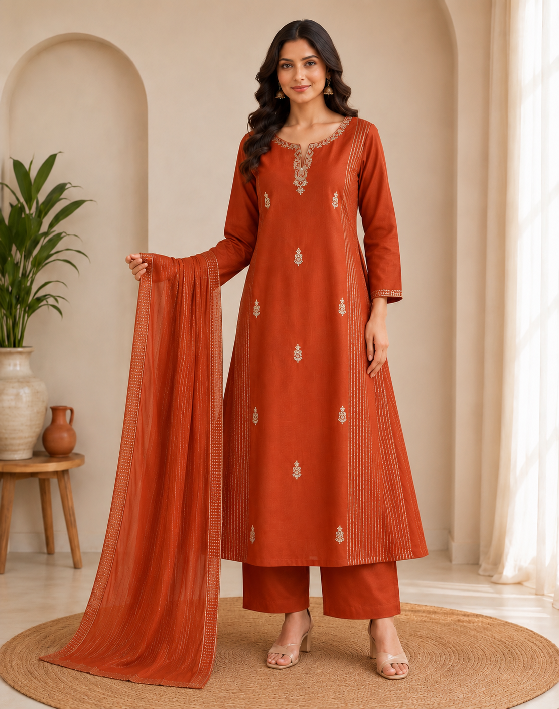 Rust orange Mul Chanderi set