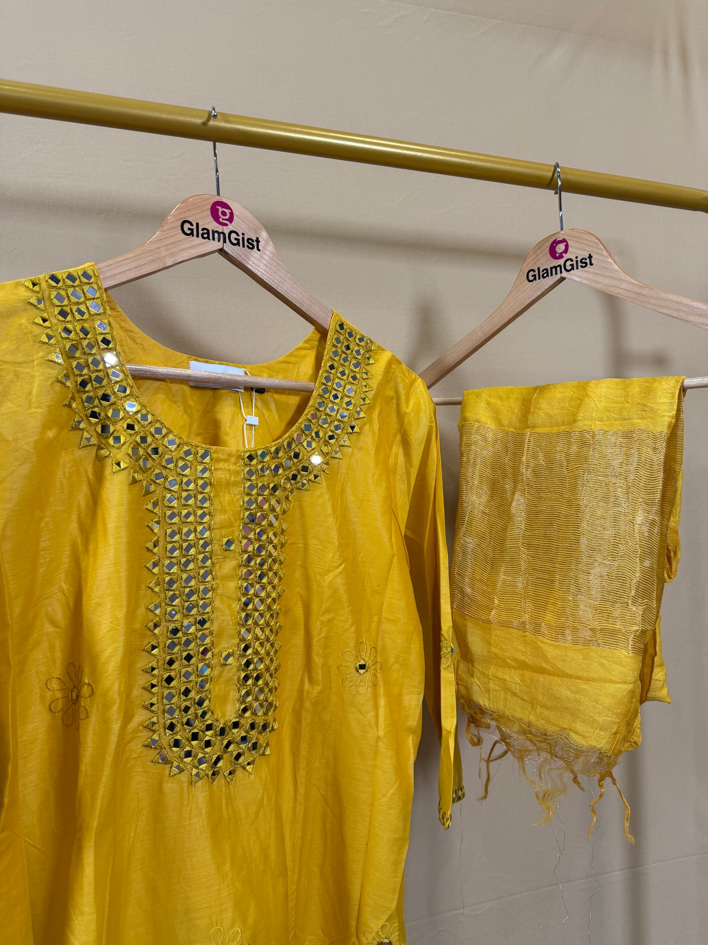 Yellow mirror work Mul Chanderi set