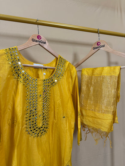 Yellow mirror work Mul Chanderi set